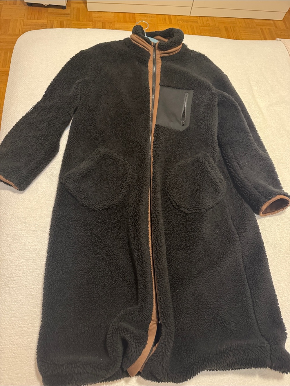 Women's Black Sherpa Long Coat with Contrast Trim